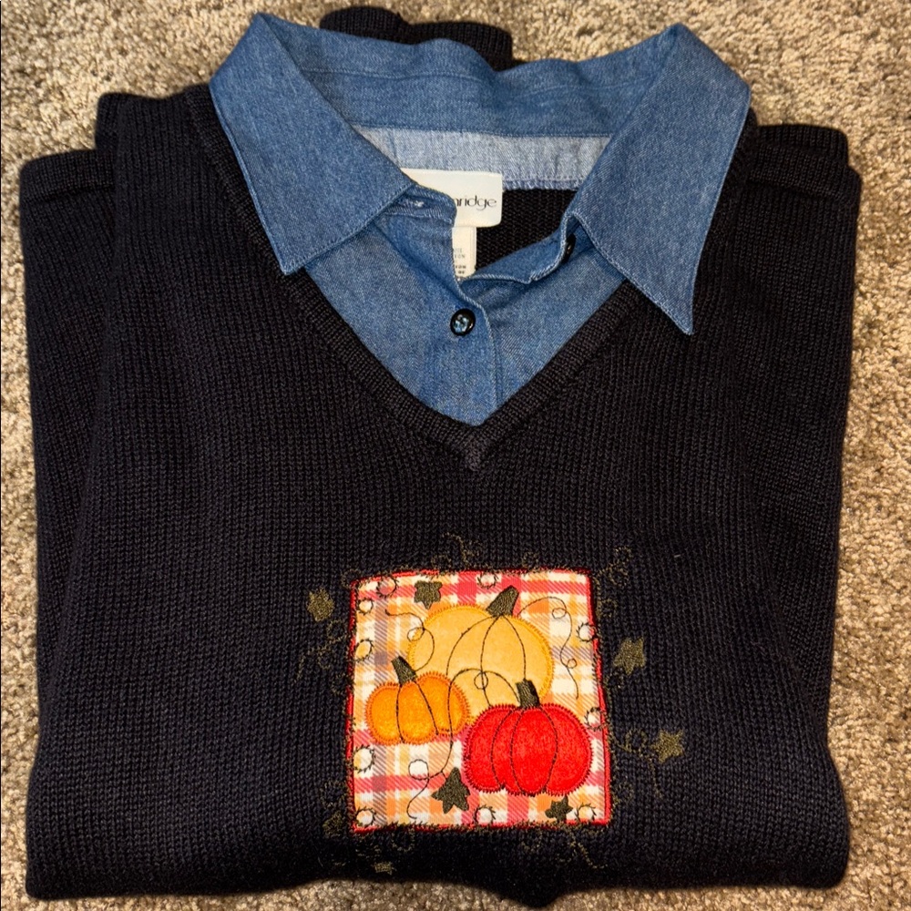 breckenridge Black Sweater with Denim Collar and Autumn Pumpkin Patch